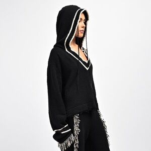 Aseye Studio NWT Andy Fringe Knit Hoodie In Black And Oatmeal - Size Medium